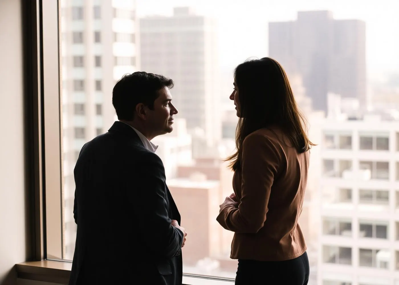 Two colleagues talking by a window